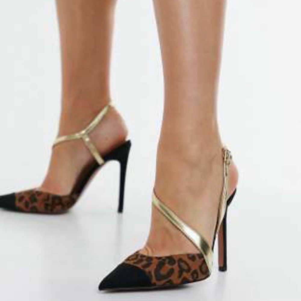 ASOS Leopard Print Pointed Toe High Heels with Gold Straps Wide Fit 😍